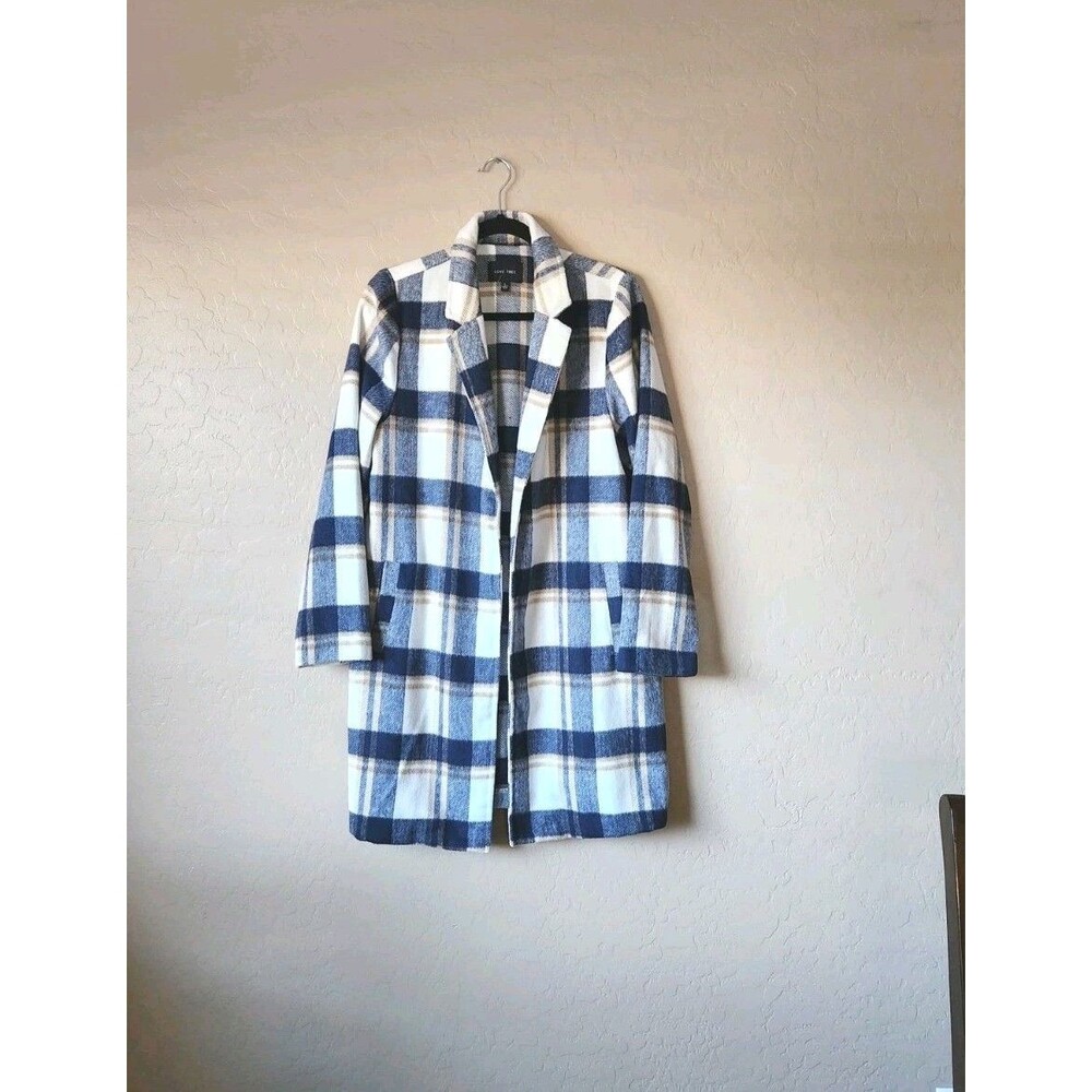 Love Tree Womens Plaid Fleece Open-Front Coatigan Notch Lapel Camel Cream & Blue